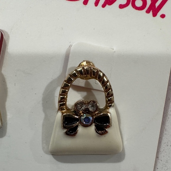 Betsey Johnson White and Gold Handbag Earrings with Black Bow - Picture 3 of 4